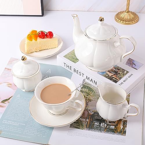Tea Set 22 Piece Porcelain Ceramic Coffee Tea Gift Sets Cups Saucer Service for 6 Teapot Sugar Bowl Creamer Pitcher and Teaspoons (22 Count)