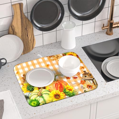 Autumn Maple Leaf Orange White Check Plaids Dish Drying Mat for Kitchen Counter