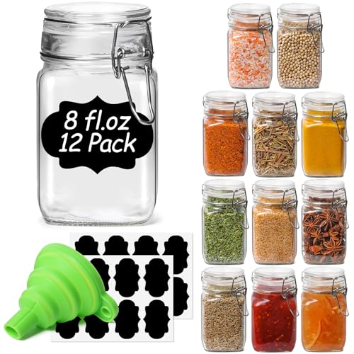 Square Glass Spice Jars 8 oz 12 Pack with Labels and Funnel Set (12 Count)