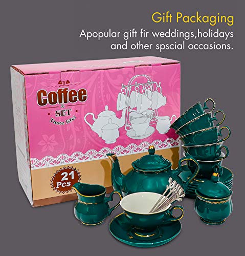 Tea Set 22 Piece Porcelain Ceramic Coffee Tea Sets Cups Saucer Service for 6 Teapot Sugar Bowl Creamer Pitcher and Teaspoons Porcelain Tea Set (22 Count)