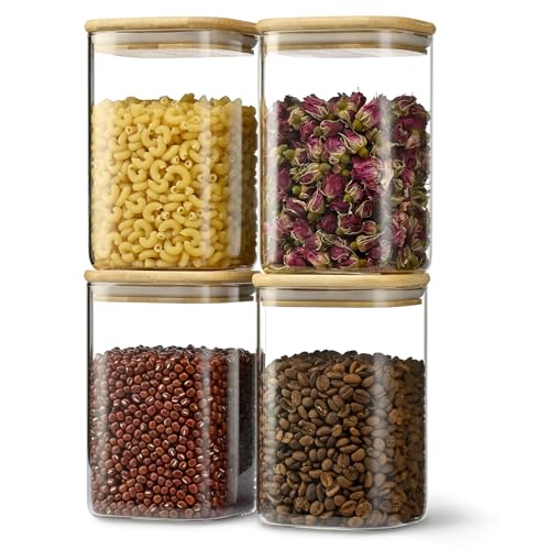 37oz Airtight Glass Square Storage Canister with Bamboo Lid Set of 4 (4 Count)