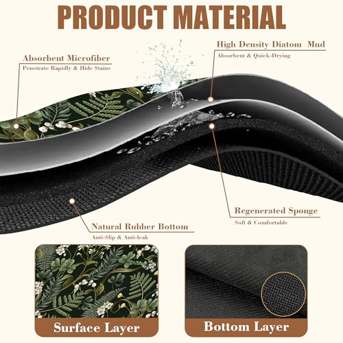 White Flowers and Berries Coffee Mat Fern and Leaves Dish Drying Mat Absorbent Hide Stain Rubber Backed Coffee Bar Accessories Fit Under Espresso Machine Cafe Table