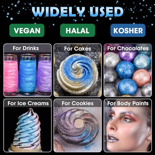 Edible Food Grade Glitter Powder Glimmer Luster Dust Metallic Fancy Food Decorating Sprinkle Glimmery Dust for Drink Wine Beverage Cake Bakery Vegan Allergen