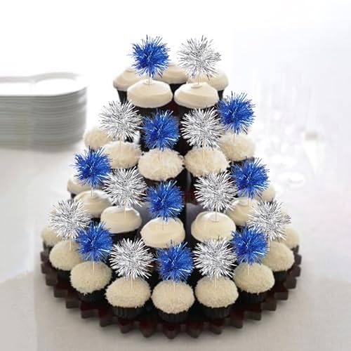 40 PCS Foil Firework Cupcake Toppers Sparkle Tinsel Cupcake Picks Fireworks Birthday Party Decorations Cocktail Fruit Toothpick for Birthday Wedding Graduation Party Decorations Supplies Silver Blue (40 Count)