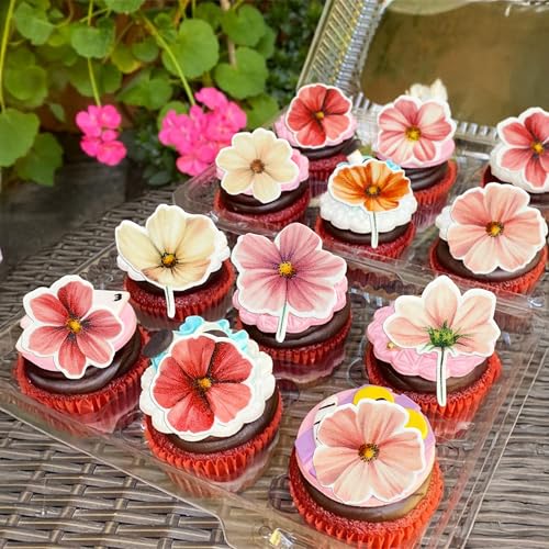50Pcs Edible Flower Cupcake Toppers Wafer Paper Spring Bridal Engagement Baby Shower Birthday Party Cupcake Picks Anniversary Party Decorations Supplies Rose Red (50 Count)