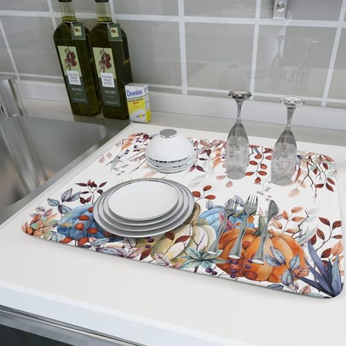 Orange and Blue Autumn Pumpkins Dish Drying Mat for Kitchen Counter