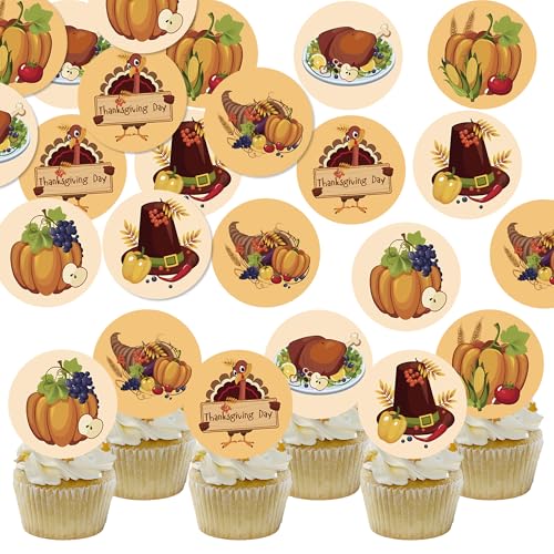 48PCS Edible Thanksgiving Day Cupcake Toppers Wafer Paper Autumn Food Cake Decorations Edible Pumpkins Cupcake Picks for Autumn Thanksgiving Party Birthday Decor Supplies