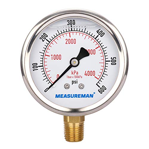 2-1/2inch Dial Size, Oil Filled Pressure Gauge, 0-600psi/4000kpa, 304 Stainless Steel Case, 1/4inchNPT Lower Mount