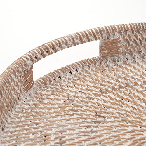 Round Rattan Serving Tray Decorative Woven Ottoman Trays with Handles for Coffee Table White