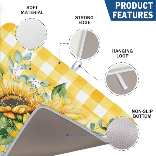 Sunflower Dish Drying Mat 18x24 Inch Absorbent Reversible Summer Sunflower Drying Mat Summer Plaid Dish Drying Rack Mat Yellow Summer Themed Dish Drainer Mat for Kitchen Counter Coffee Bar