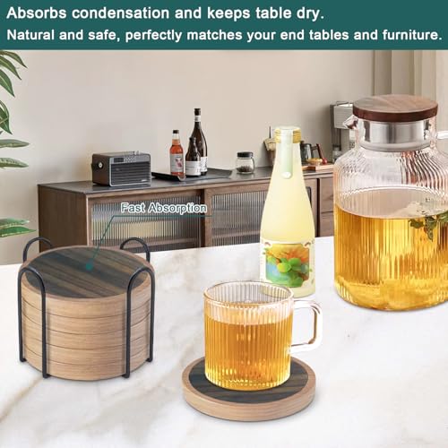6 Pack Absorbent Coasters Set with Holder Wood Coasters for Drinks Housewarming Gifts for Home Decoration Cup Coasters for Coffee Tabletop Protection 4.3 Inch