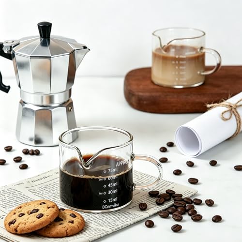 2 PACK Espresso Glass Measuring Cup Triple Pitcher Milk Cup 75ML Espresso Cups with Handle Shot Glass with V (2 Count)