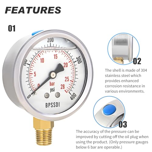0 400 Psi Glycerin Liquid Filled Pressure Gauge