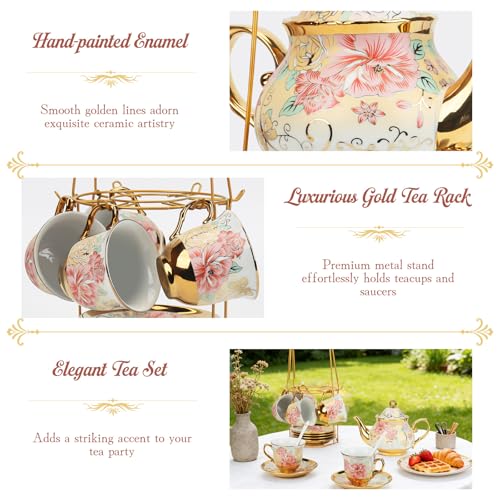 20 Pcs Porcelain Tea Set with Metal Holder (20 Count)
