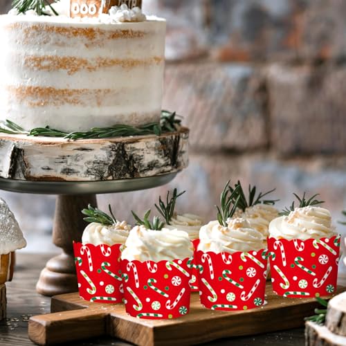 100Pcs Christmas Paper Baking Cups Red Green Candy Cane Cupcake Wrappers Scalloped Edge Cupcake Muffin Cases for Xmas Winter Holiday Party Dessert Decoration (100 Count)