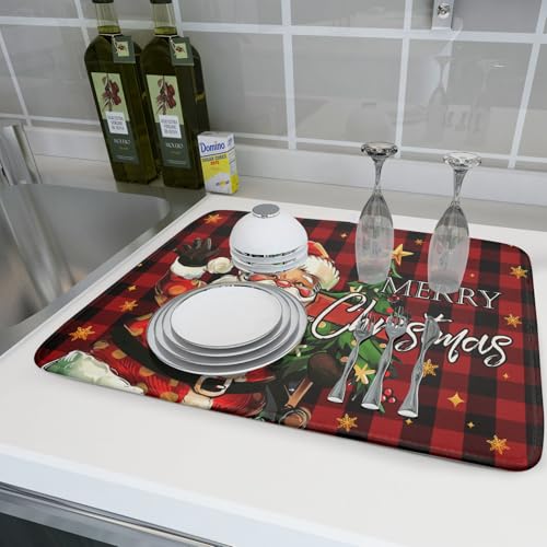 Merry Christmas Santa Claus Red Buffalo Plaid Dish Drying Mat for Kitchen Counter