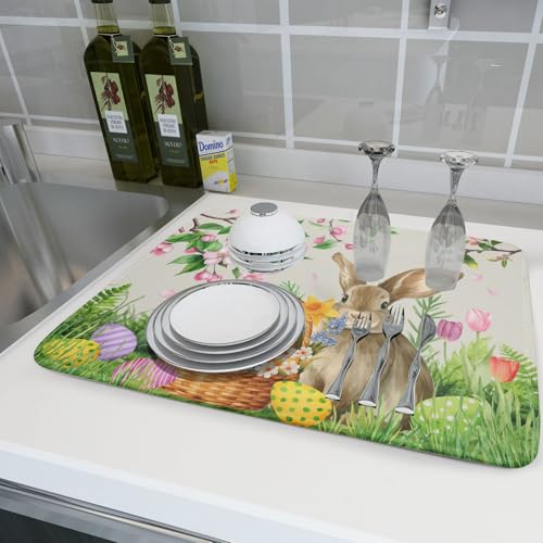 Easter Bunny Colorful Eggs Dish Drying Mat for Kitchen Counter