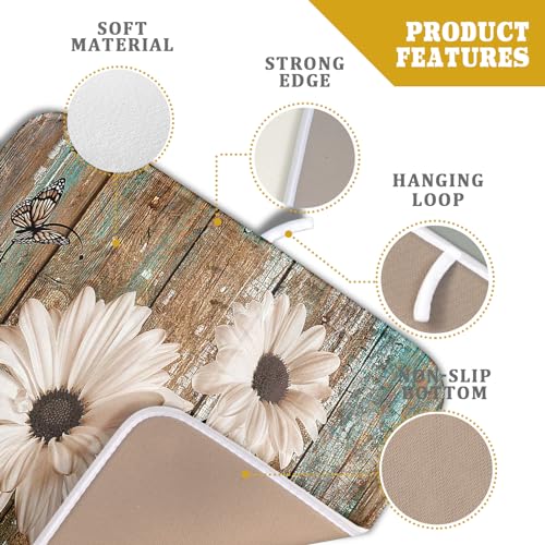 Rustic Daisy Board Dish Drying Mat for Kitchen Countertop 16x18 inch Fall Sunflower on Wooden Plank Dish Drainer Mats Fast Drying Country Shabby Chic Vintage Kitchen Drying Decor