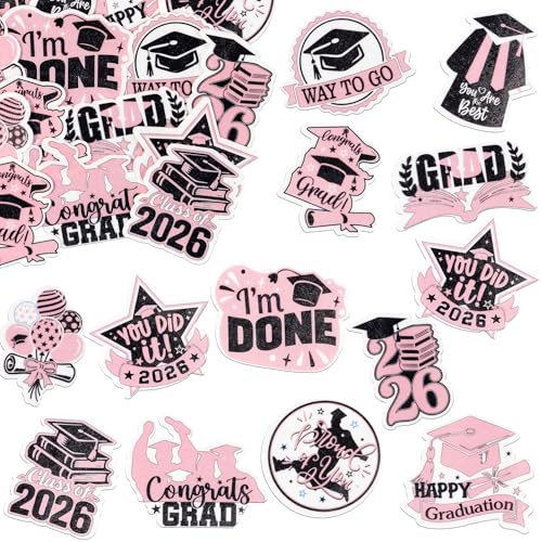 48Pcs Edible Graduation Cap 2026 Cupcake Toppers Wafer Paper Grad Cap Diploma Cake Decoration Picks for 2026 Grad Theme Party Cake Decor Supplies Black Pink (48 Count)