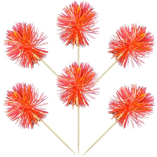 30Pcs Foil Firework Cupcake Toppers Sparkle Tinsel Cake Toppers Tinsel Drink Cake Decoration Cocktail Picks for Birthday Wedding Graduation Party Supplies Dark Orange (30 Count)