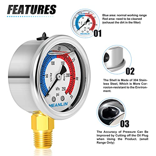 1/4" NPT 0-35psi Pressure Gauge, 2" Dial Glycerine Filled Pool Filter, 304 Stainless Steel Housing, Lower Mount, with 1/2" NPT and 3/8" NPT Hex Bushing