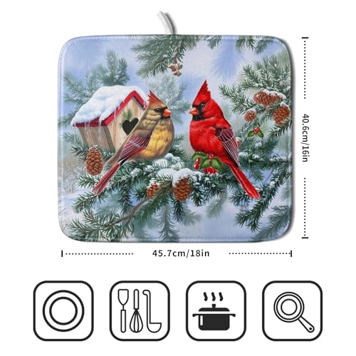Winter Red Cardinal Bird Dish Drying Mat for Kitchen Counter