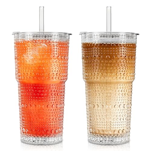 20oz Hobnail Glass Tumbler with Bamboo Lids and Straws