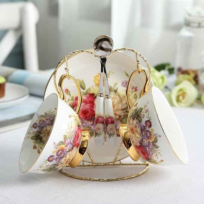Coffee Mugs Pastoral Floral Bone Tea Cup Saucer Spoon Set 200ml Cafe Ceramic Coffee Cup Elegant Advanced Porcelain Teacup Dropshipping Mug Set (Color : 2Cups n Holder)