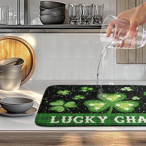 St Patricks Day Spring Dish Drying Mats St Patrick's Day Lucky Dish Mat Shamrock Drying Matt Dishes Dryer Pad for Kitchen Counter Absorbent Microfiber Washable Foldable Reusable 18x24 in
