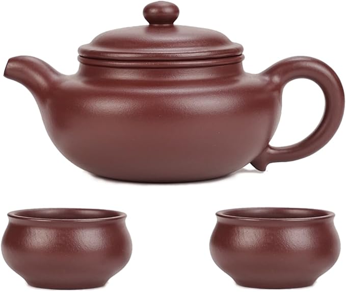 Fine Zisha Teapot Series,Chinese Genuine Handmade Yixing Purple Clay Tea Pot 12.8 Oz with 2 Cups,Infuse Brew Kungfu Tea Maker -Fanggu Tea Set