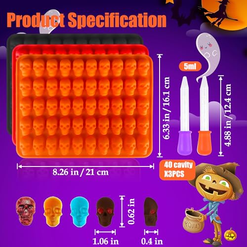 3 Pack Halloween Gummy Skull Candy Molds Silicone (150 Cavities)