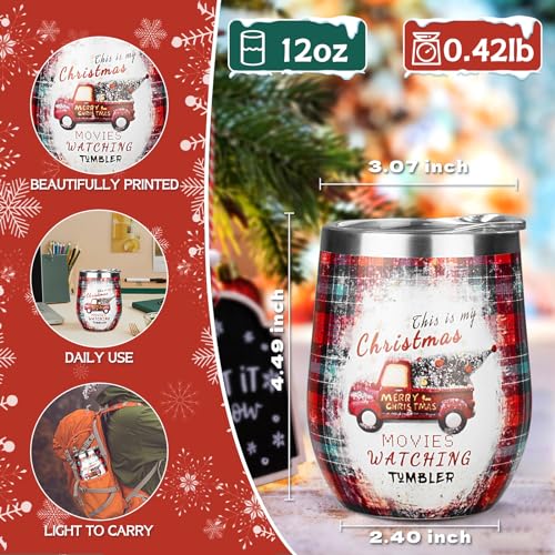 Christmas Wine Tumbler 12 oz Christmas Stainless Steel Wine Glass with Lid and Straw Stemless Double Wall Insulated Wine Cups Keeping Cold & Hot for Holiday Xmas Wedding Party Gifts