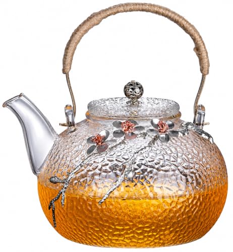 Japanese Style Hammered Glass Teapot with Plum Blossom Decor 900ml