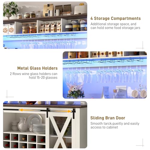 63"Wide 58"H Farmhouse Coffee Bar Cabinet with Power Outlet and LED Light
