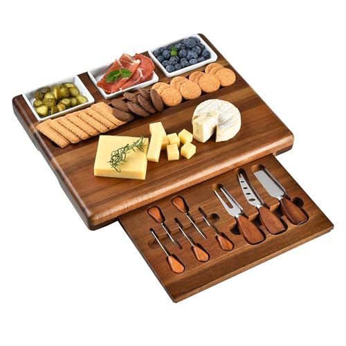 Large Acacia Wood Charcuterie Board Set with 3 Removable Ceramic Bowls & Serving Utensils