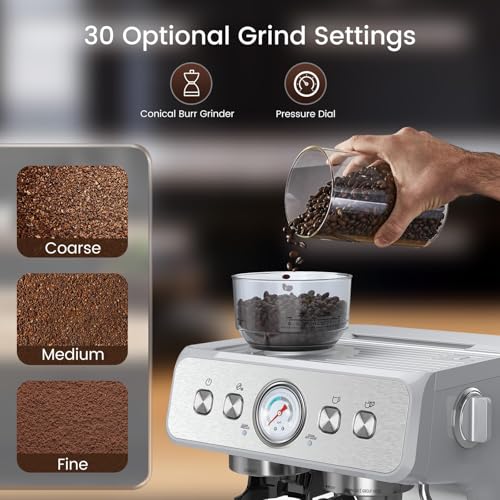 2026 Upgrade) Espresso Machine with Grinder, Expresso Coffee Machines with Built-in Anti-Clog Coffee Grinder/Milk Steam Wand/Frother, Expresso Machines for Home Perfect Cappuccino & Latte-Silver