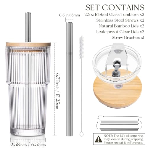20oz Ribbed Glass Tumblers with Bamboo Lids & Straws