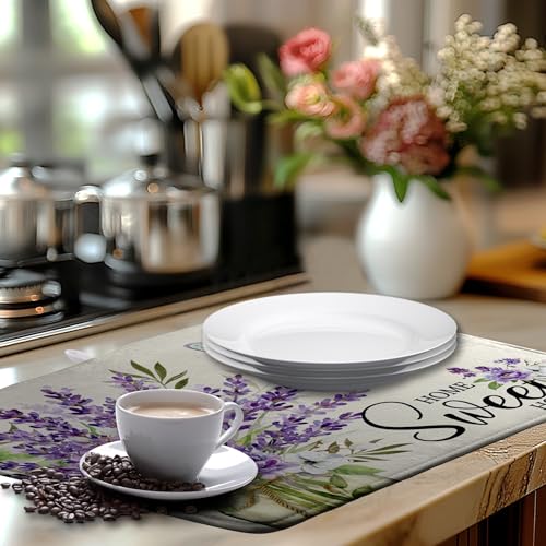 Spring Lavender Floral Dish Drying Mats Spring Summer Dish Mat Purple Flowers Butterfly Drying Matt Dishes Dryer Pad for Kitchen Counter Absorbent Microfiber Washable Foldable Reusable 18x24 in