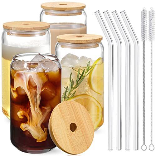 Drinking Glasses with Bamboo Lids and Glass Straw 4pcs Set (4 Count)