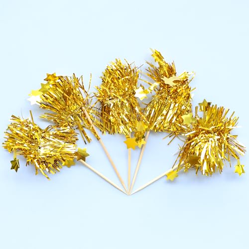 30Pcs Star Foil Firework Cupcake Toppers Sparkle Tinsel Cake Toppers Tinsel Drink Cake Decoration Cocktail Picks for Birthday Wedding Graduation Party Supplies Gold (30 Count)