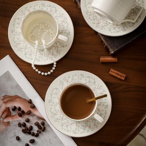 Country Roses Porcelain Tea Cup and Saucer Set with Gold Trim