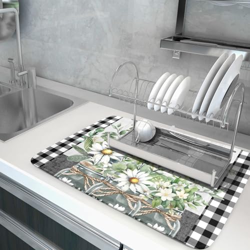 Daisy Floral Dish Drying Mat for Kitchen Counter Watercolor Flowers Absorbent Dishes Drainer Rack Mat 18x24 Inch Microfiber Dish Drying Pads Spring Kitchen Drying Dishes Pad Countertops