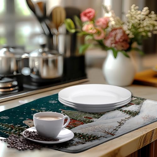 Winter Christmas Dish Drying Mats Xmas Forest House Dish Mat Snowflake Drying Matt Dishes Dryer Pad for Kitchen Counter Absorbent Microfiber Washable Foldable Reusable 18x24 in