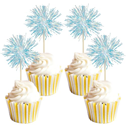 30Pcs Foil Firework Cupcake Toppers Sparkle Tinsel Cake Toppers Tinsel Drink Cake Decoration Cocktail Picks for Birthday Wedding Graduation Party Supplies Laser Blue (30 Count)