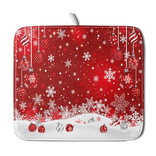 Xmas Balls Dish Drying Mat for Kitchen Countertop Winter Red White Snowflakes Dish Drainer Mats 16x18inch Reversible Dish Drying Rack Pad Protector for Dining Holiday New Year Decor