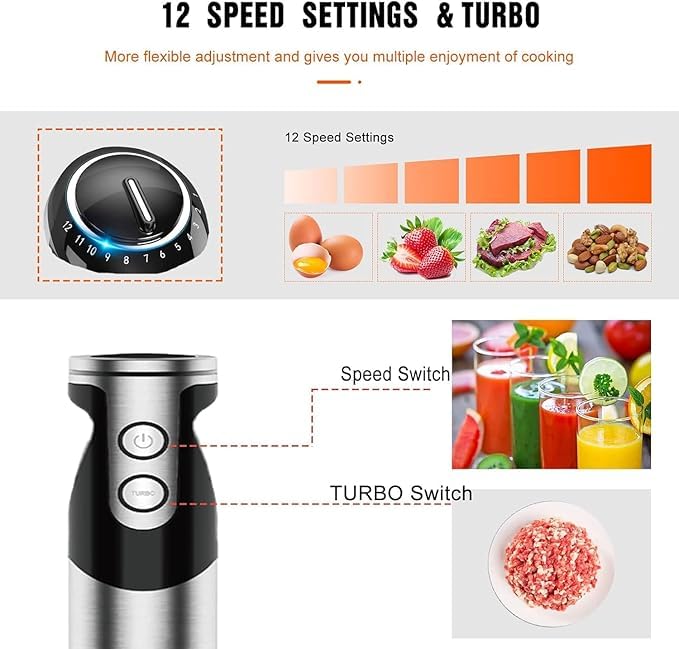 3-in-1 Immersion Hand Blender, Powerful MOTOR 12-Speed Stick Blender with Sturdy Titanium Plated Stainless Steel Blades