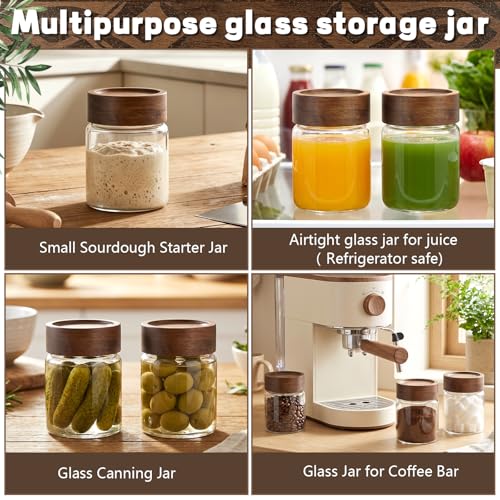 6 pc Glass Spice jars Glass Jars with Screw Lid 5 oz Acacia Wood Glass Herb Sugar Coffee Bean Ground Container Food Storage Canister for Candy Pantry Tea Seasoning Meal Prep Snack