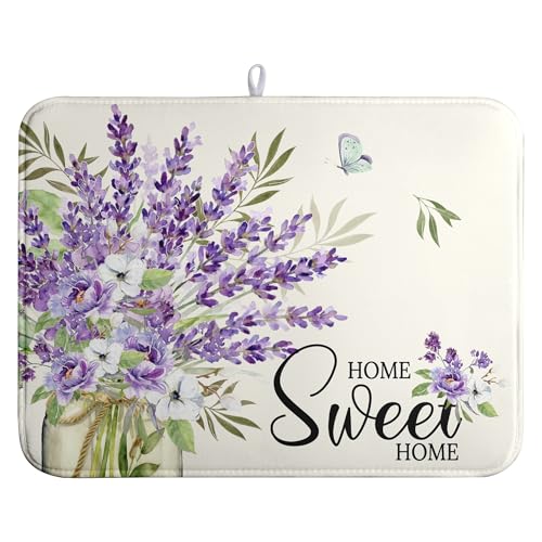 Spring Lavender Floral Dish Drying Mats Spring Summer Dish Mat Purple Flowers Butterfly Drying Matt Dishes Dryer Pad for Kitchen Counter Absorbent Microfiber Washable Foldable Reusable 18x24 in