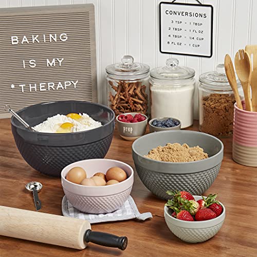Tabletops Gallery Hobnail Style 4 Piece Timeless Grey Stoneware Nesting Mixing Bowl Set for Baking and Cooking