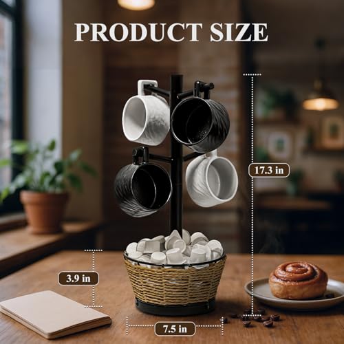 Wood Mug Holder Tree With Woven Basket